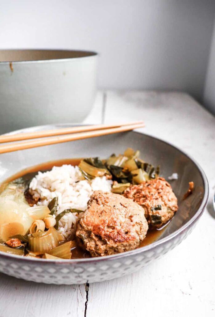 Lion's Head Pork meatballs with baby bok choy