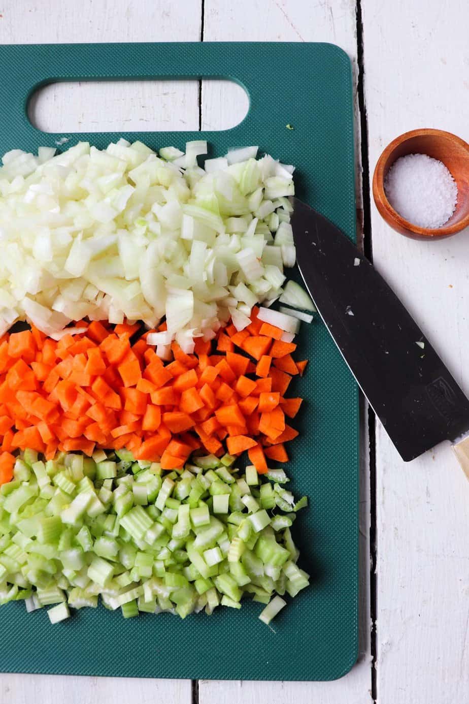 3 rows showing diced vegetables. 