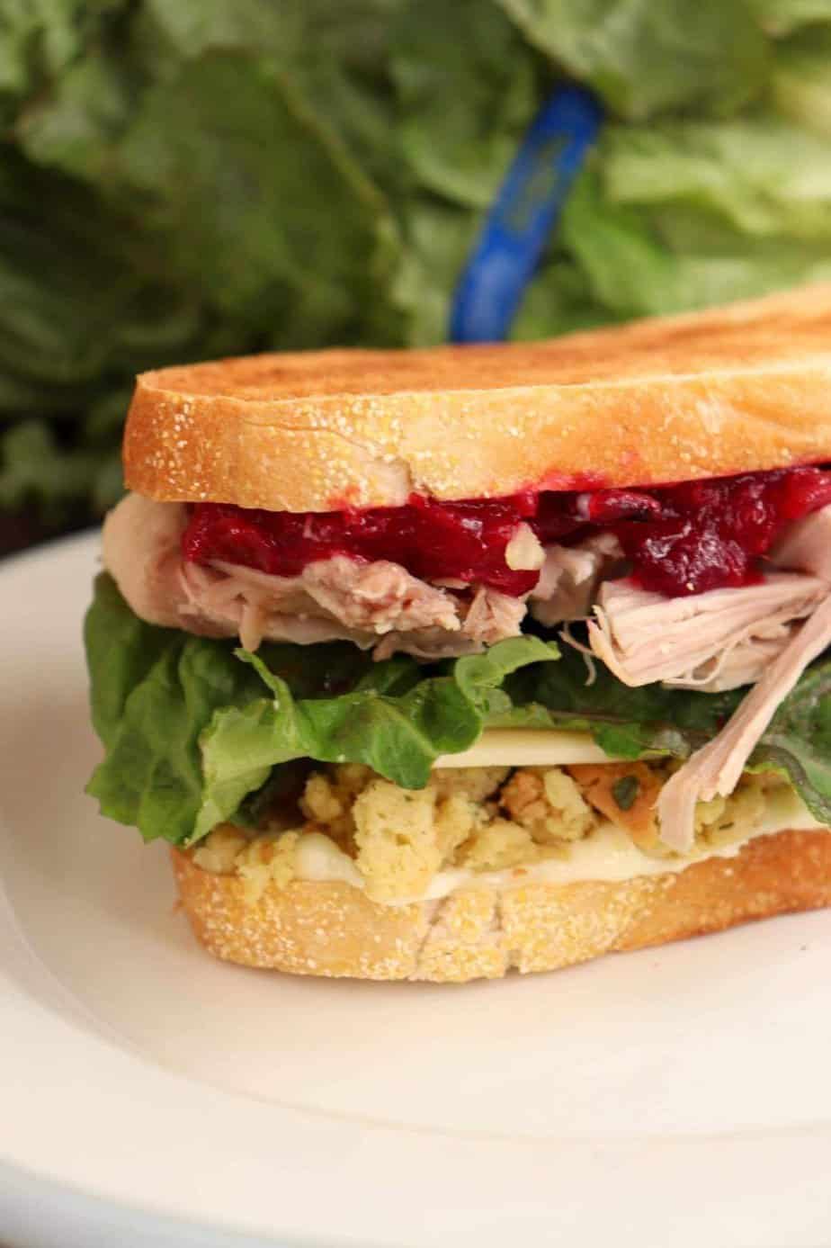 finished thanksgiving sandwich with lettuce in the background.