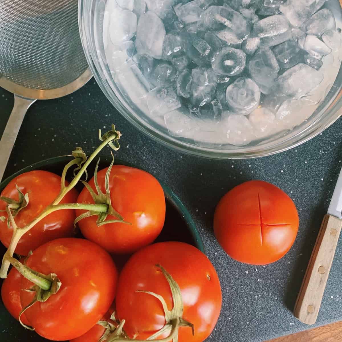 supplies for how to blanch tomatoes for peeling