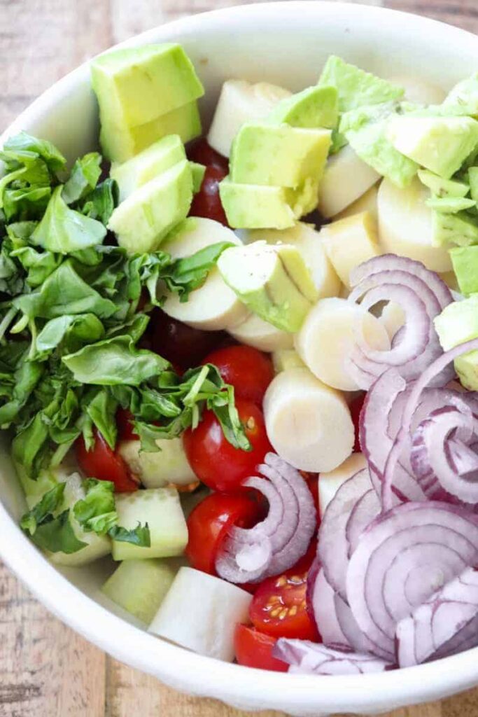 hearts of palm salad unmixed in a bowl