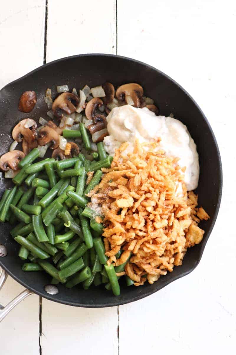 green beans, french fried onions, cream soup and sauteed mushrooms in a pan that hasn't been mixed. 