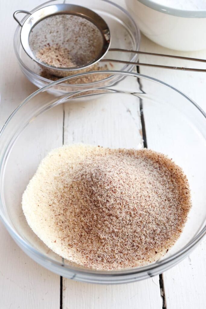 sifted hazelnut and almond flours in a glass bowl