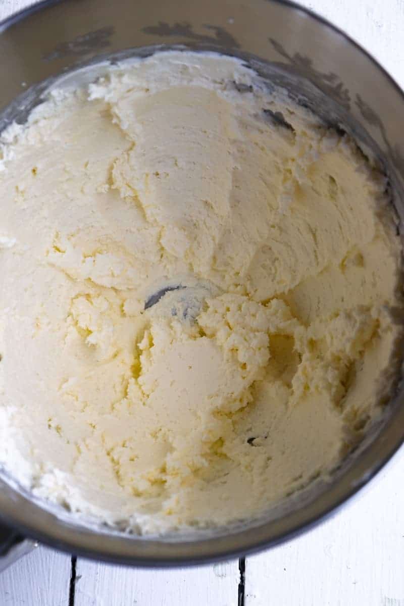 cream cheese, milk, butter, and sugar, creamed in the bowl of a stand mixer