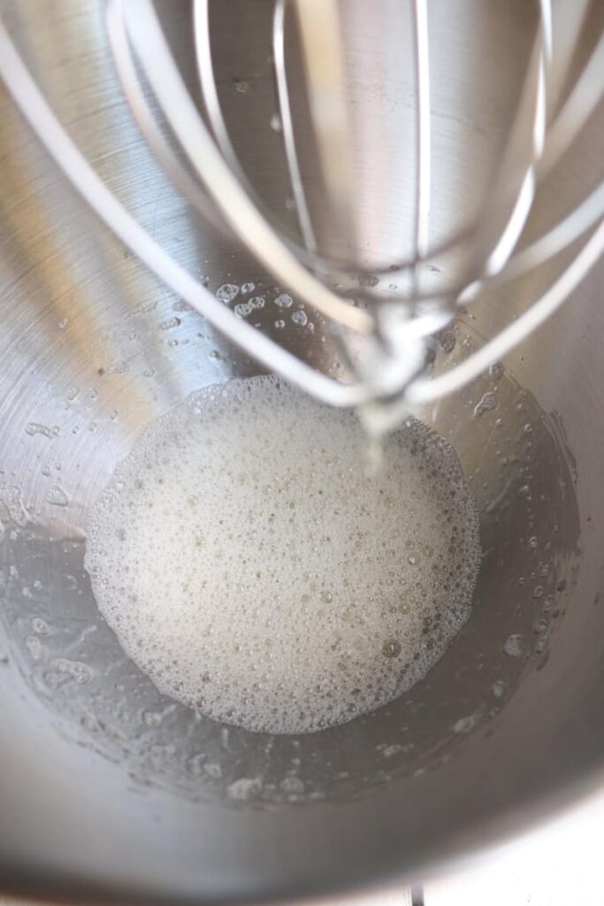 egg whites that have just started to froth in a stand mixer
