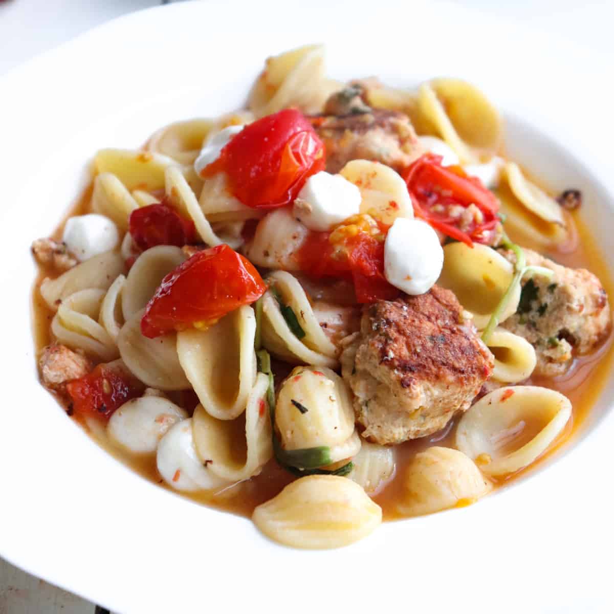 orecchiette pasta with baby chicken meatballs plated