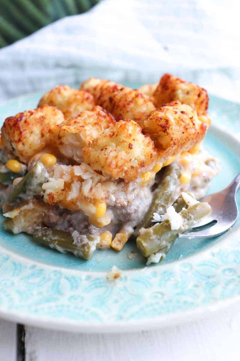 portion of casserole on a blue plate