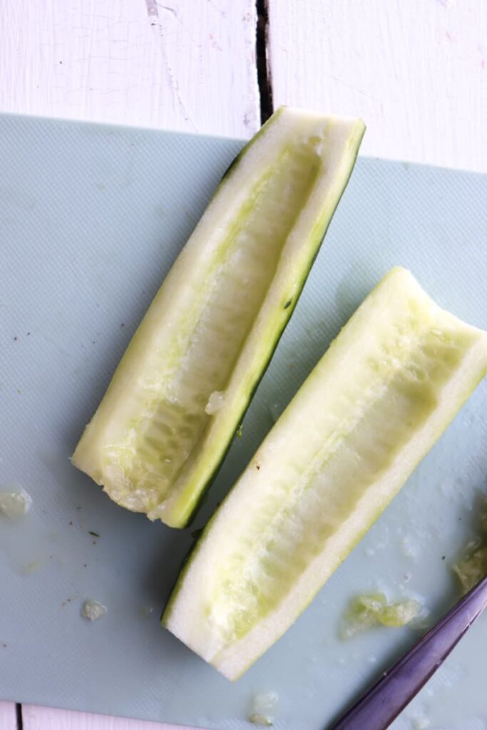 halved cucumber with the seeds removed