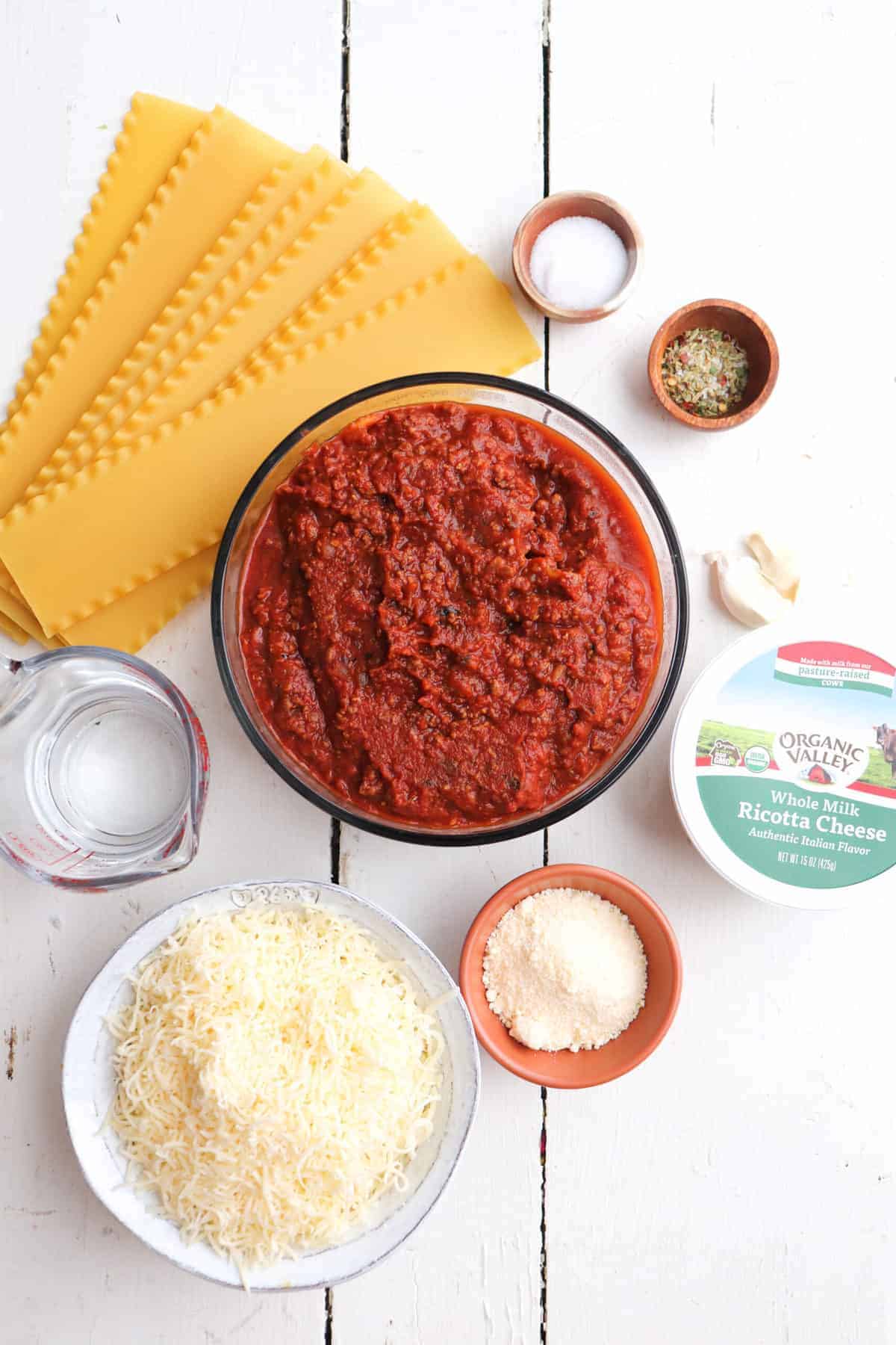 ingredients for easy venison lasagna on a white background