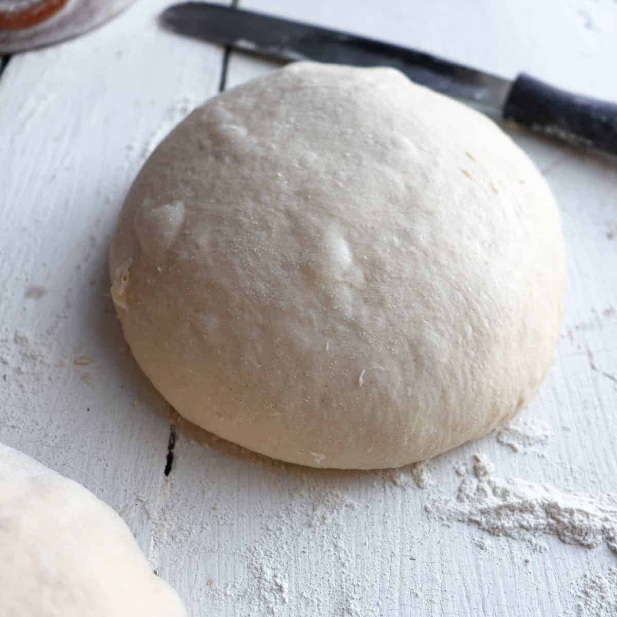 finished sourdough discard pizza dough in a ball