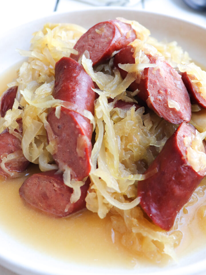 platter of finished kielbasa and sauerkraut