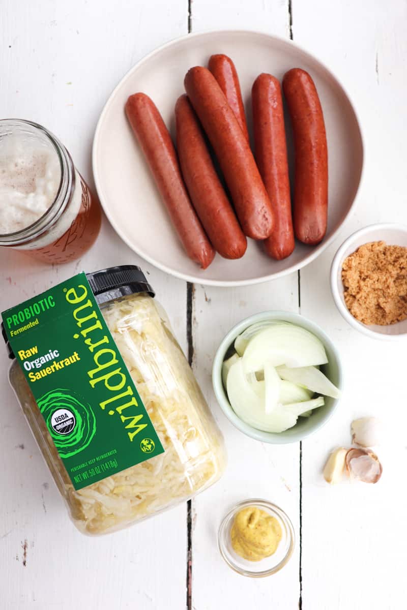 ingredients for slow cooker kielbasa on a white background. 