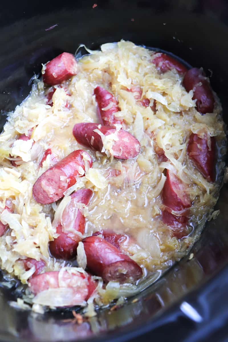 finished slow cooker kielbasa and sauerkraut.