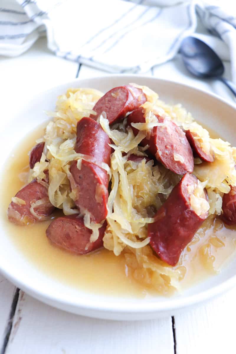 platter of finished kielbasa and sauerkraut.