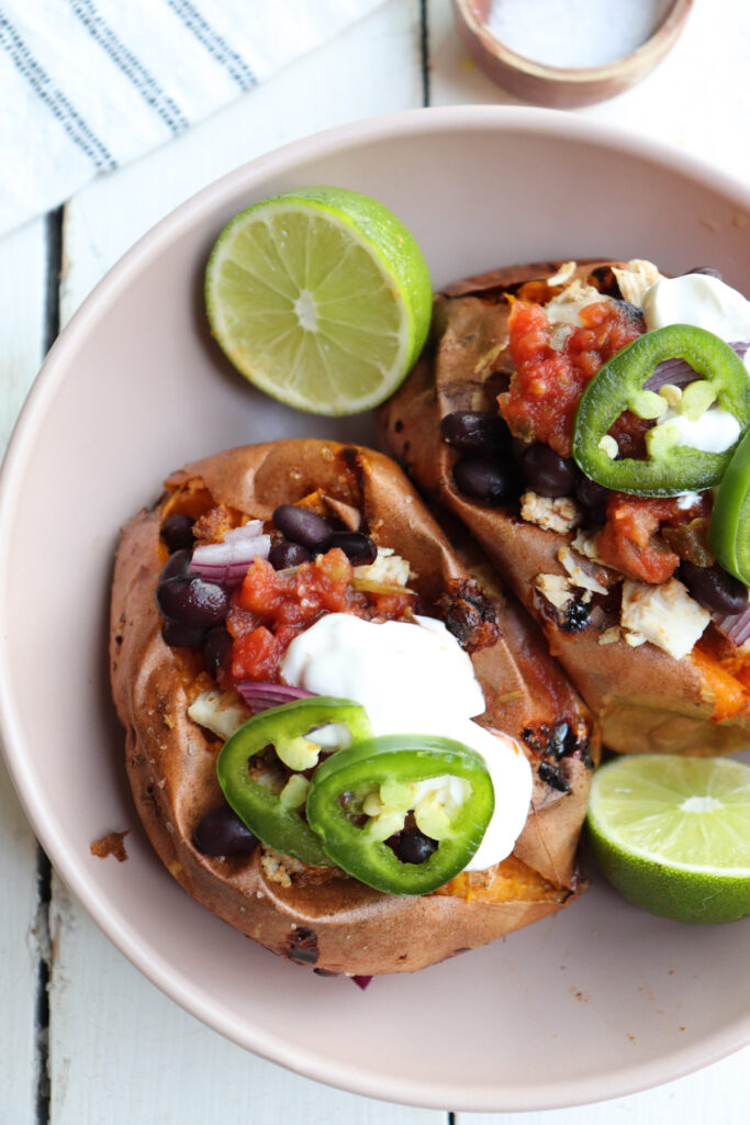 plated mexican stuffed sweet potatoes.