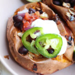 close up of a stuffed sweet potato.