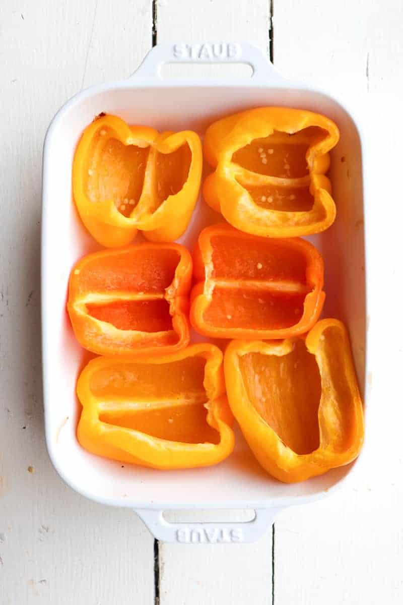 bell peppers in a white baking dish