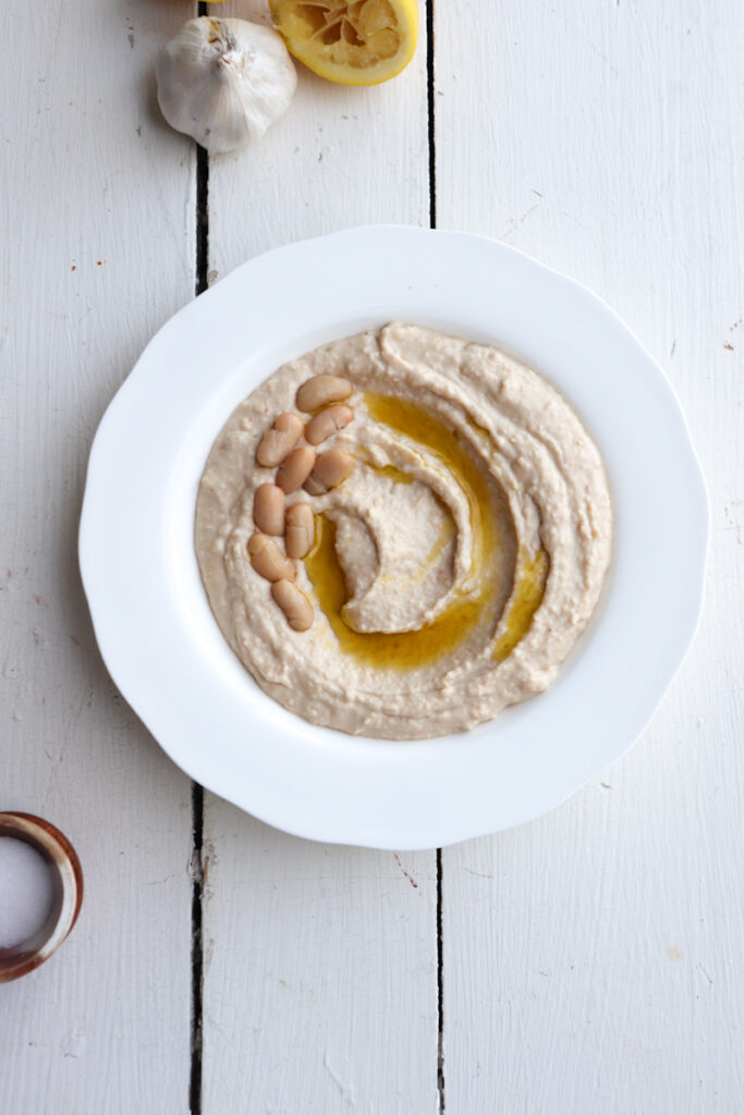 overhead of a bowl of hummus