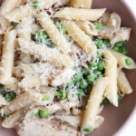 up close of boursin cheese pasta.