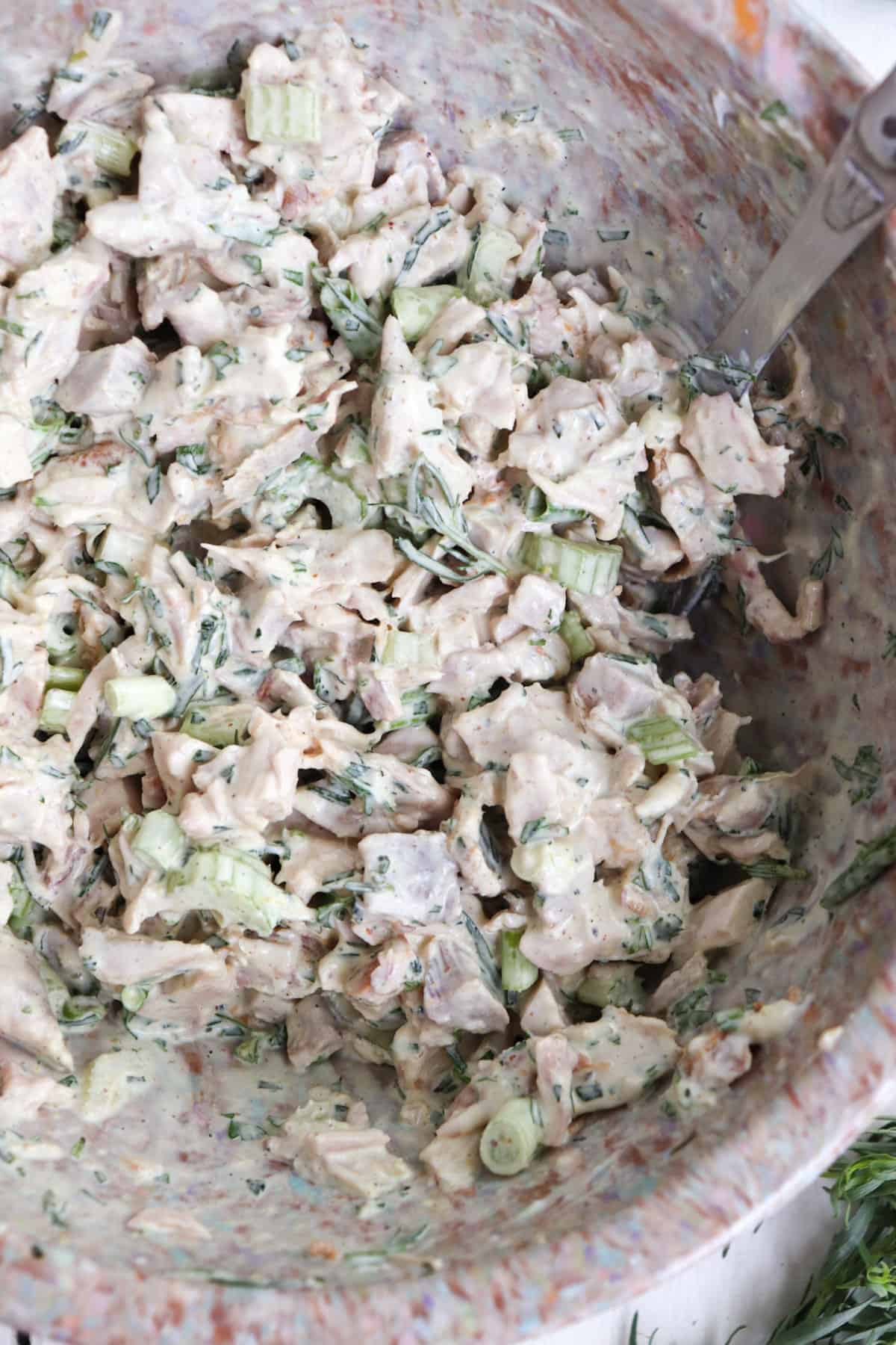 finished chicken salad in a bowl.