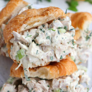 up close of chicken salad on a crescent roll