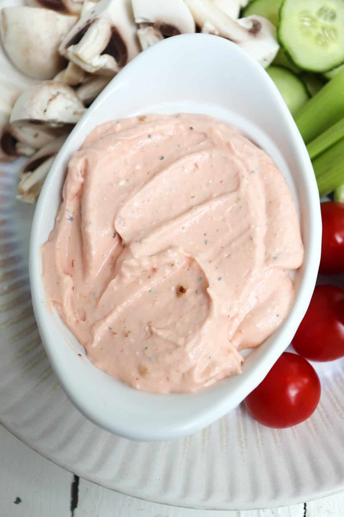 pale pink dip in a serving dish.