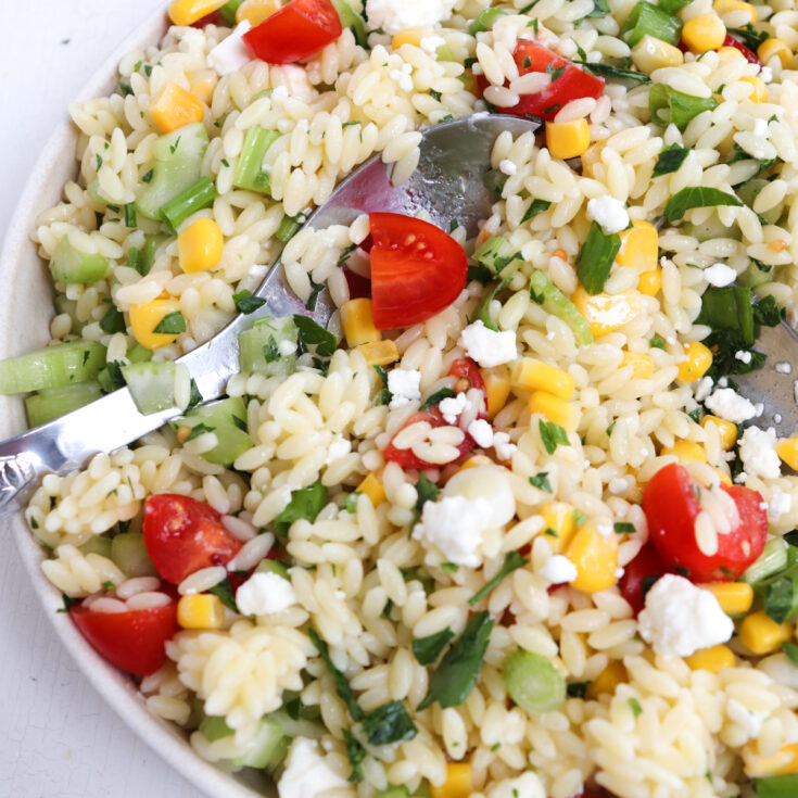 up close of orzo pasta salad.