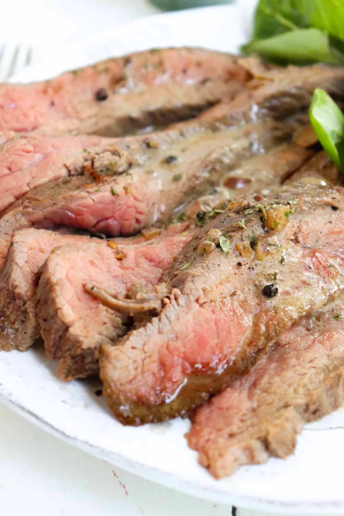 sliced flap steak up close. 