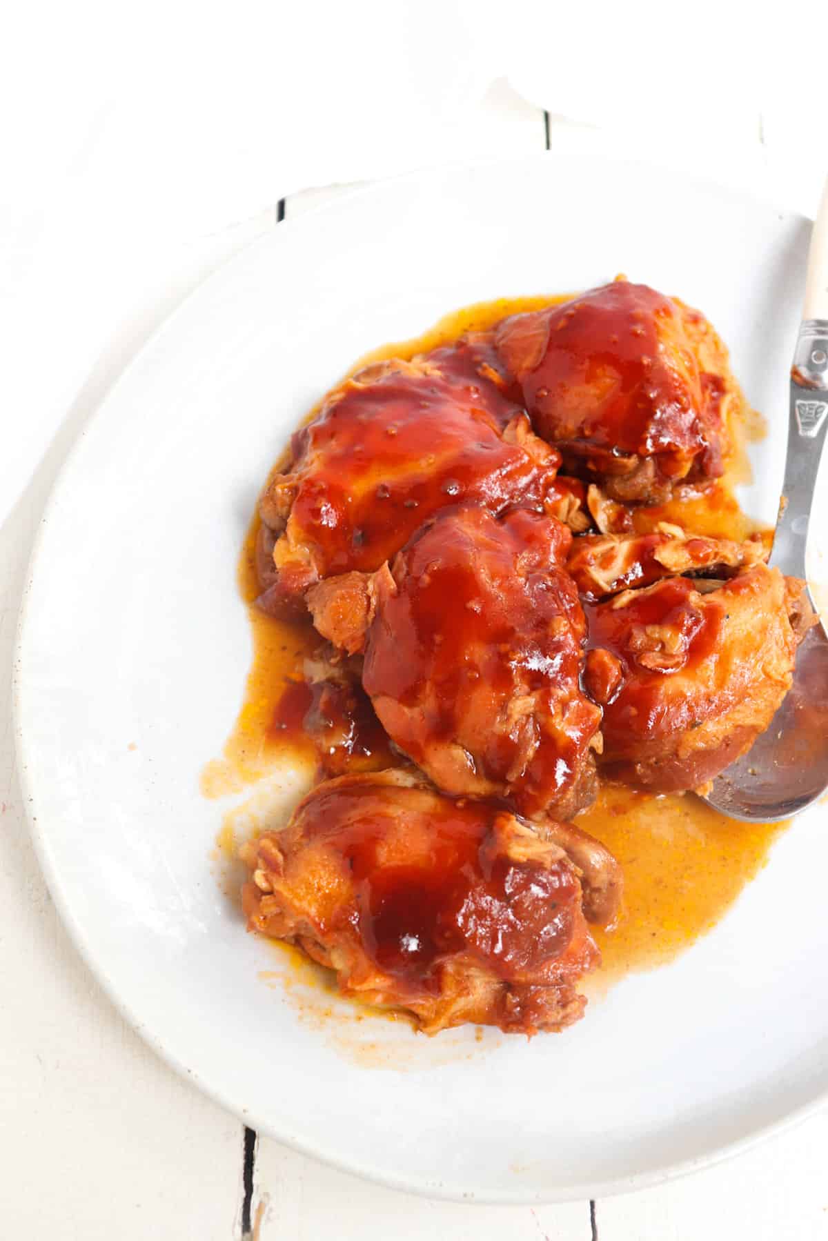 slow cooked chicken thighs in bbq sauce. 