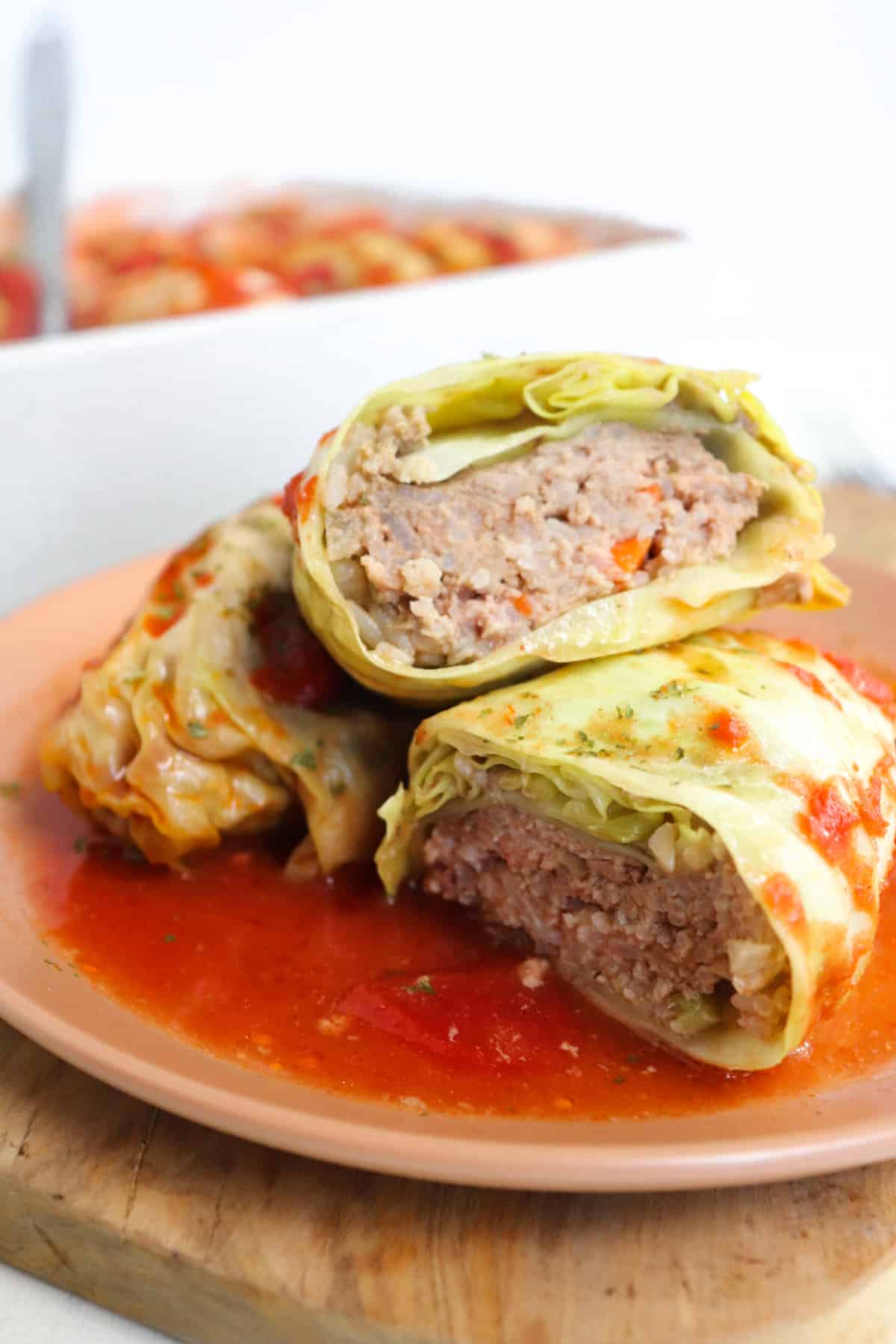 sliced cabbage rolls on a plate. 