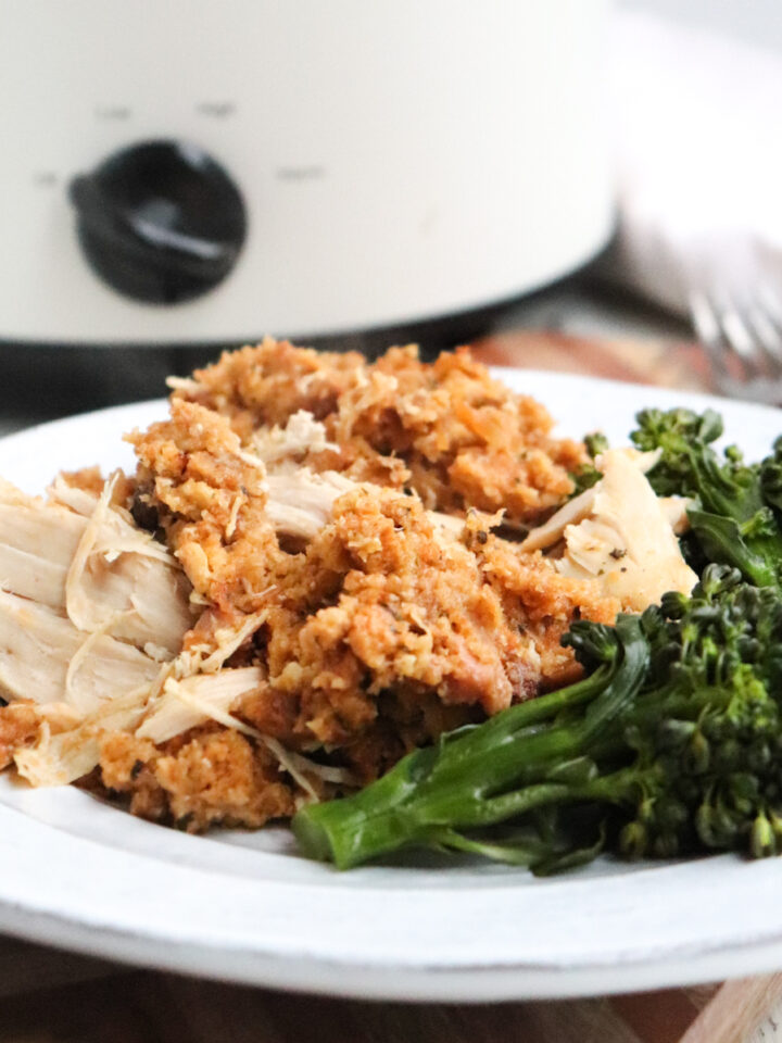 4 ingredient slow cooker chicken and stuffing on a plate.