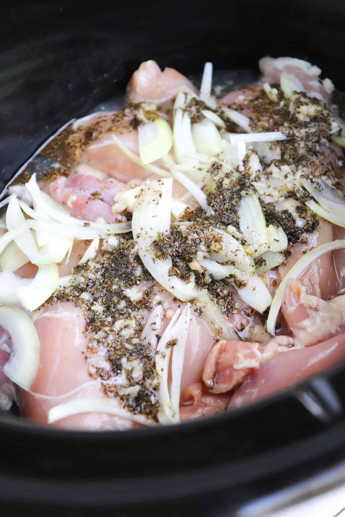 up close of seasoning mixture poured on top of chicken and onions in slow cooker.