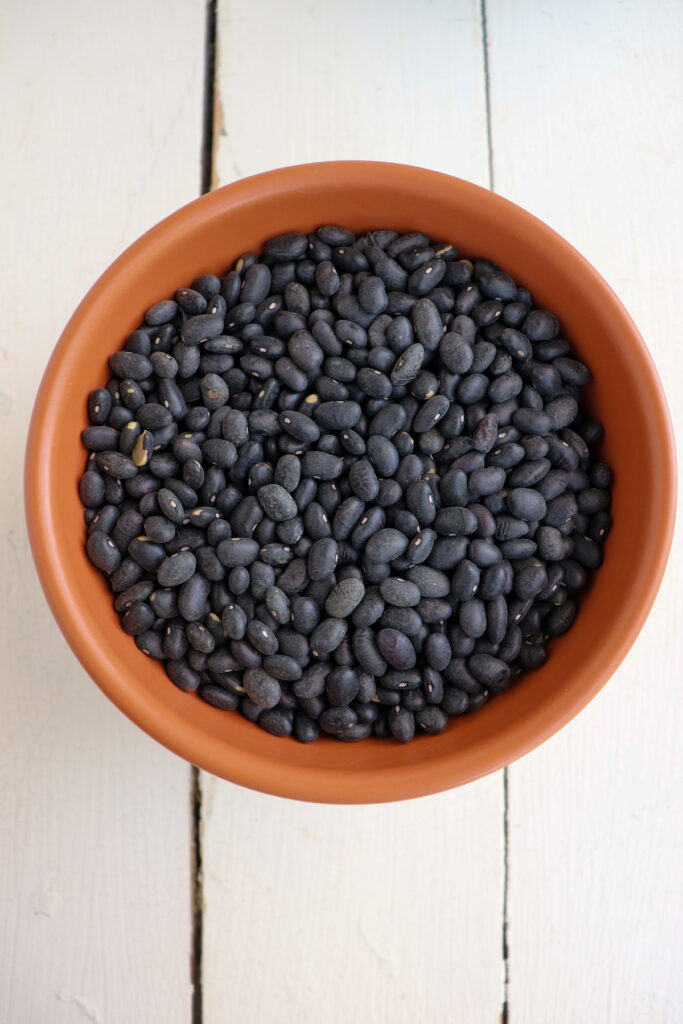 overhead of dry black beans in a green bowl.