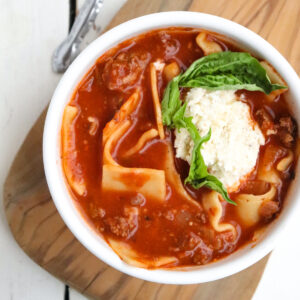 lazy lasagna soup with garnishes.