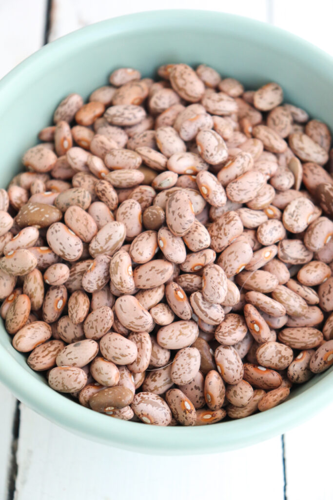 dry pinto beans in a green bowl.