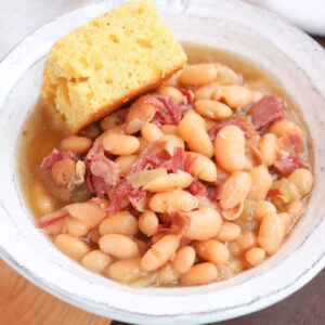bowl of instant pot ham and beans.