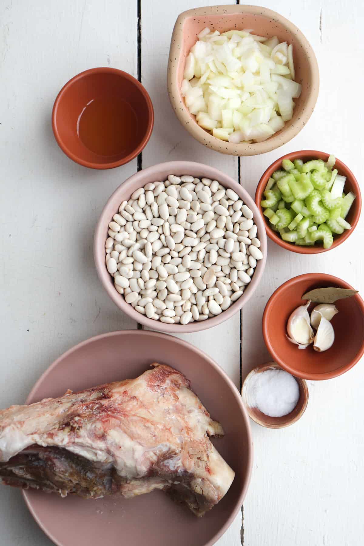 ingredients for instant pot ham and beans on a white background.