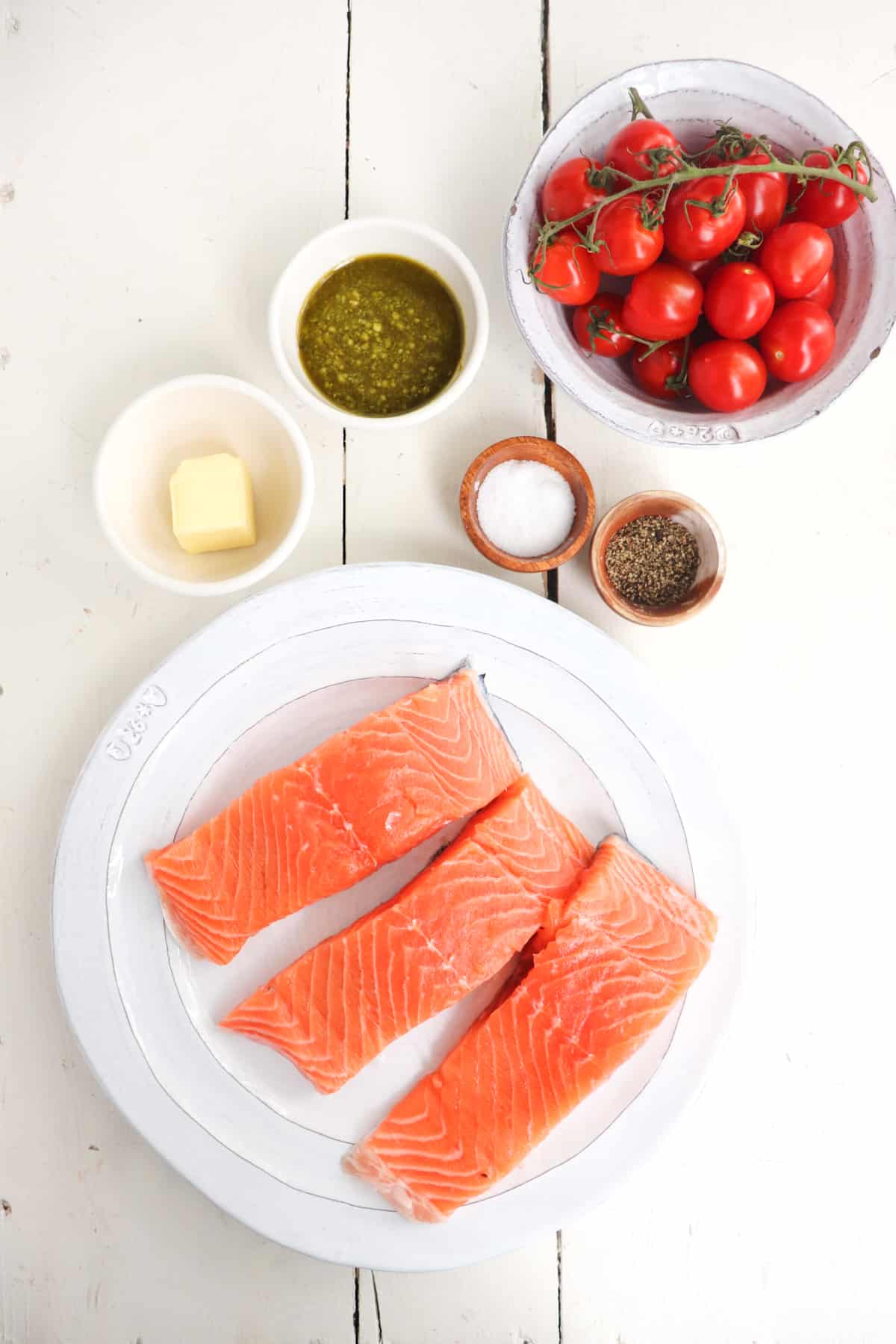 ingredients for salmon on a white background.