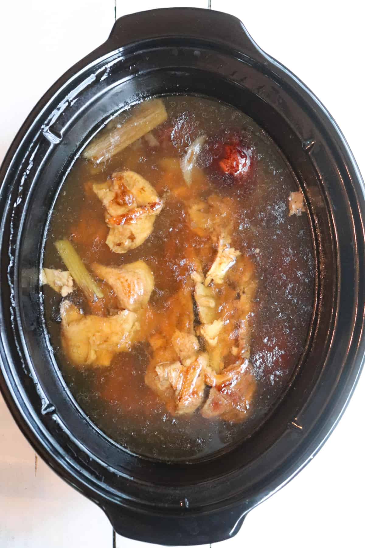 slow cooker bone broth after it has cooked full cooking time.
