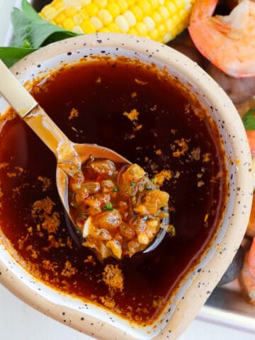 spoonful of seafood sauce scooped up from bowl.