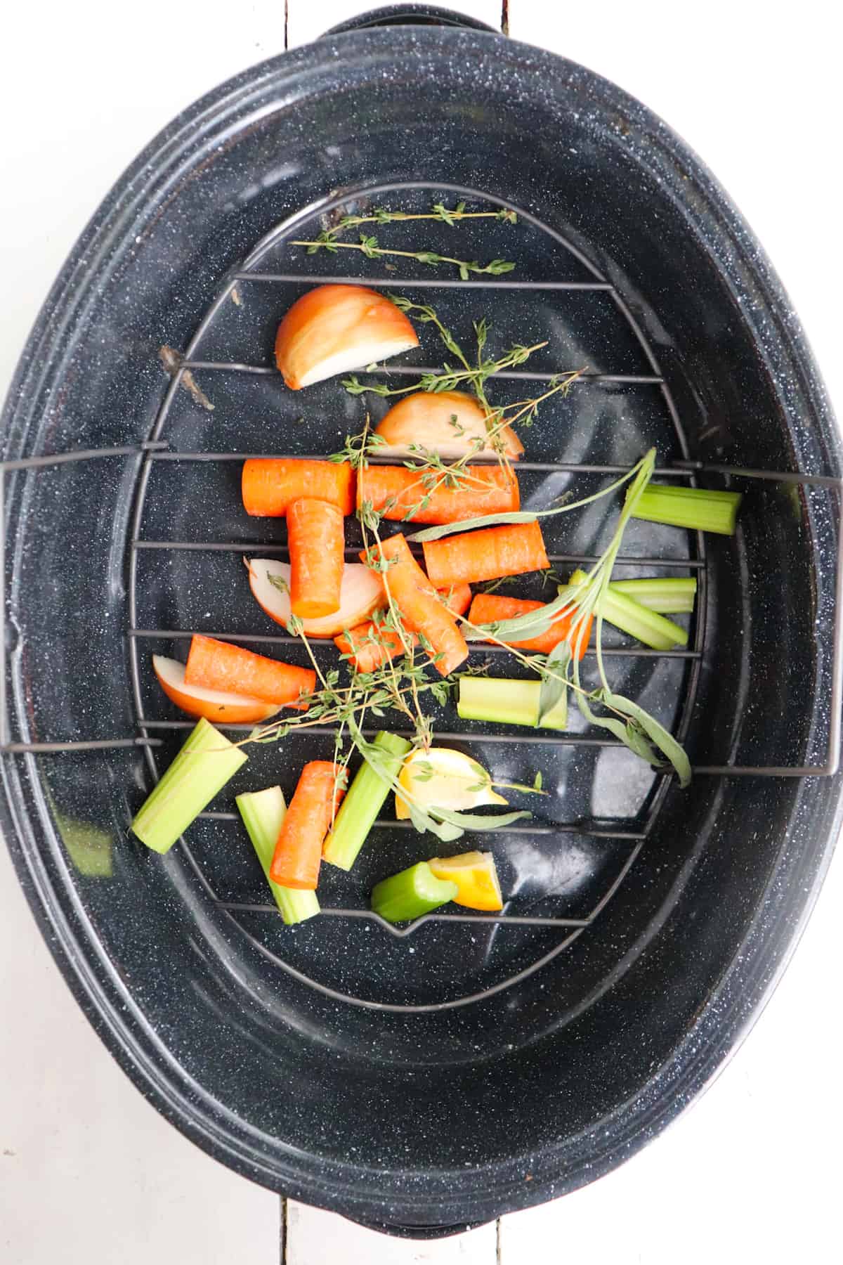 veggie scraps in a roasting pan.