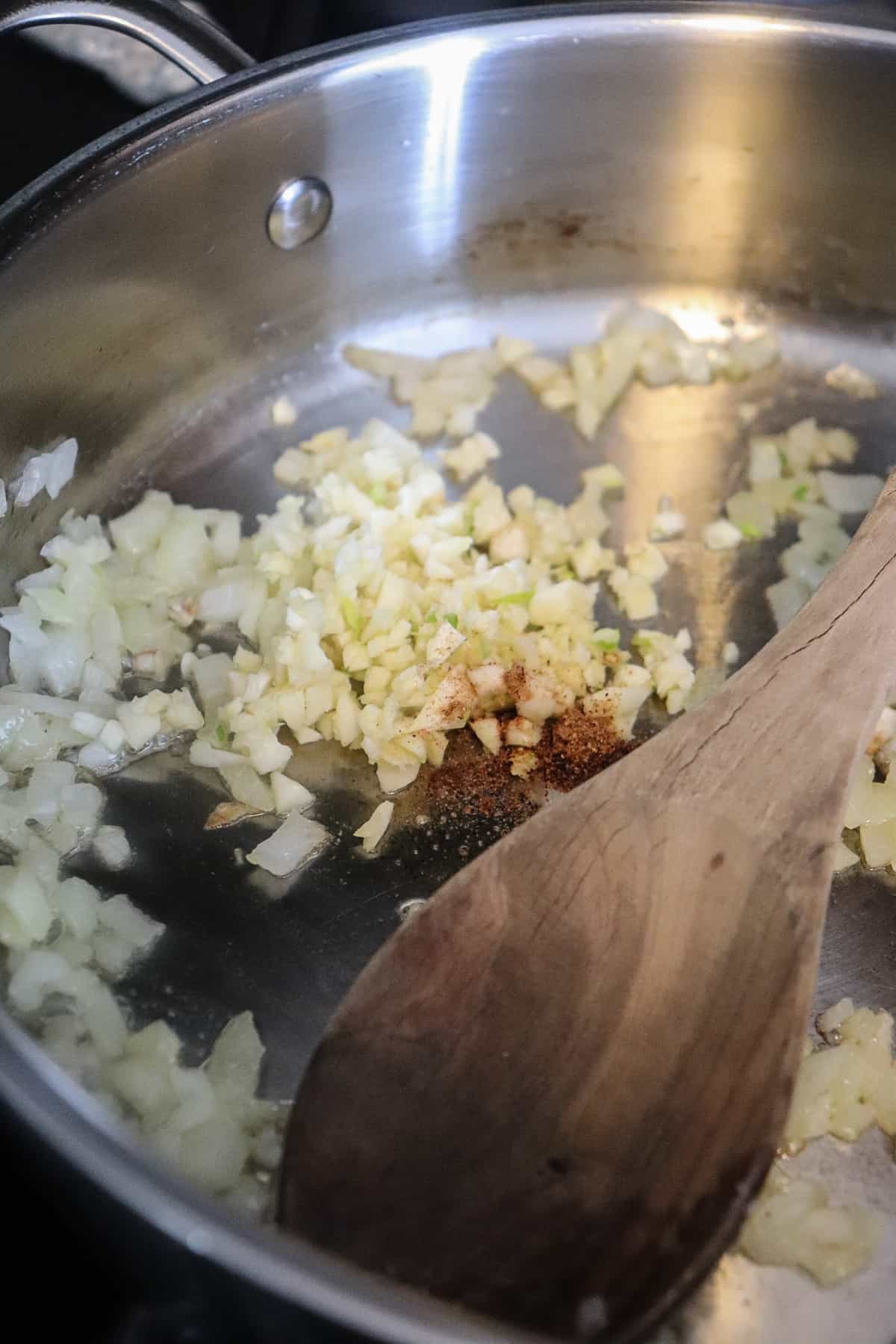 garlic and nutmeg added to sauteed onions.