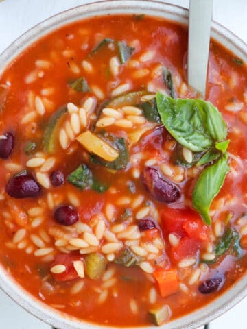 bowl of vegetable orzo soup with fresh basil and a spoon.