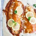 finished baked salmon with mayonnaise with lemons and herbs on top.