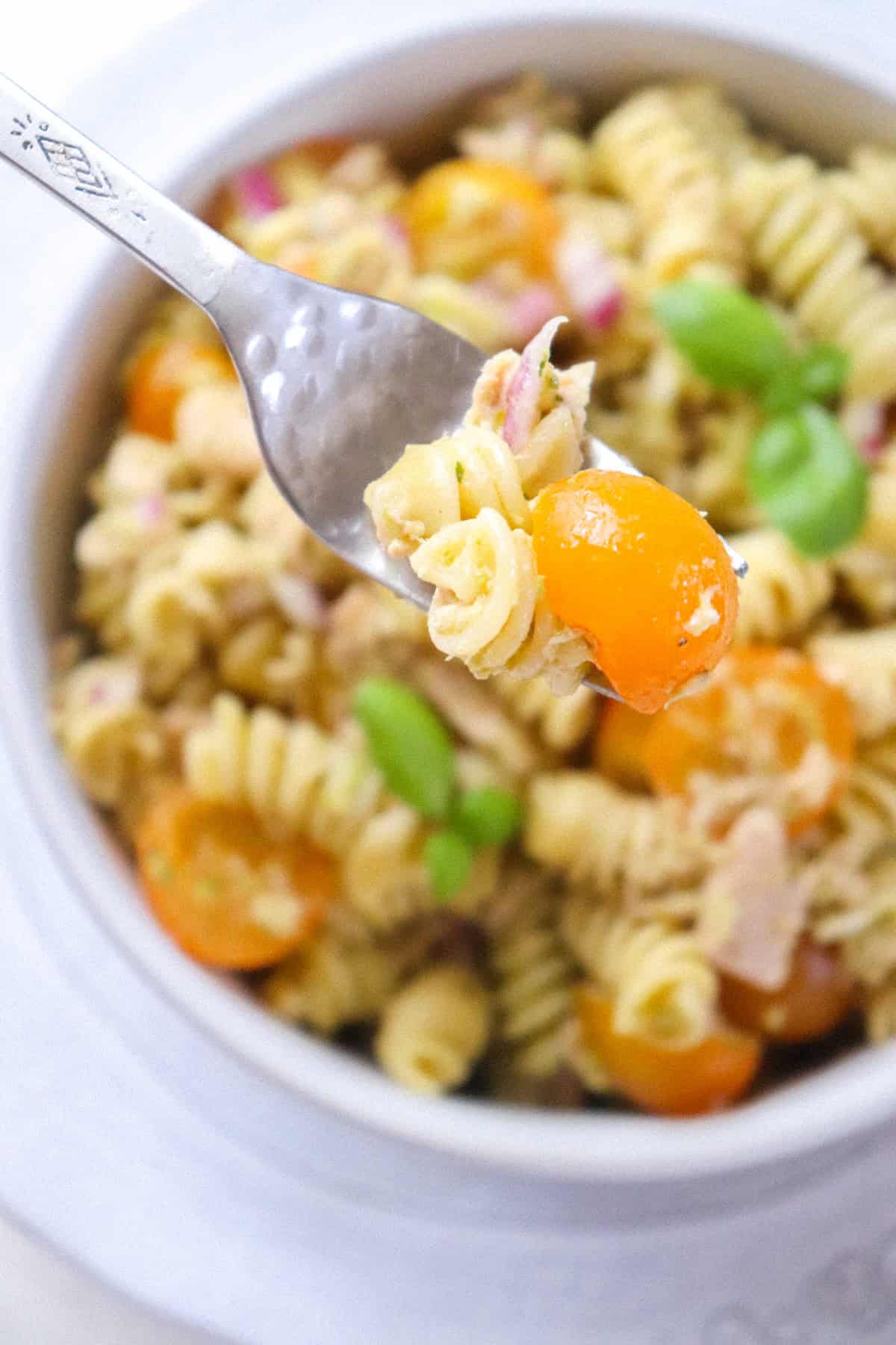 fork picking up a bite of pasta and tomato.