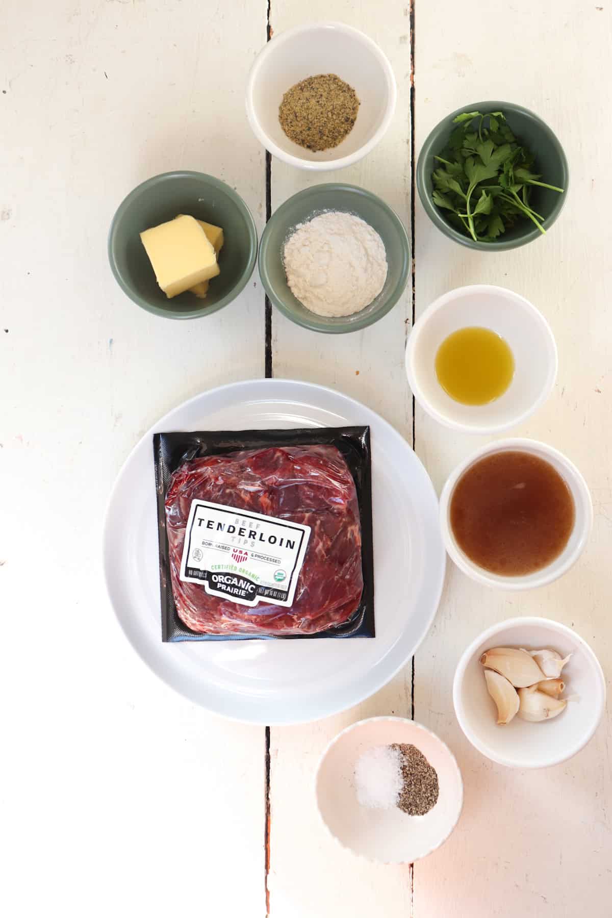 Ingredients for beef tenderloin tips.