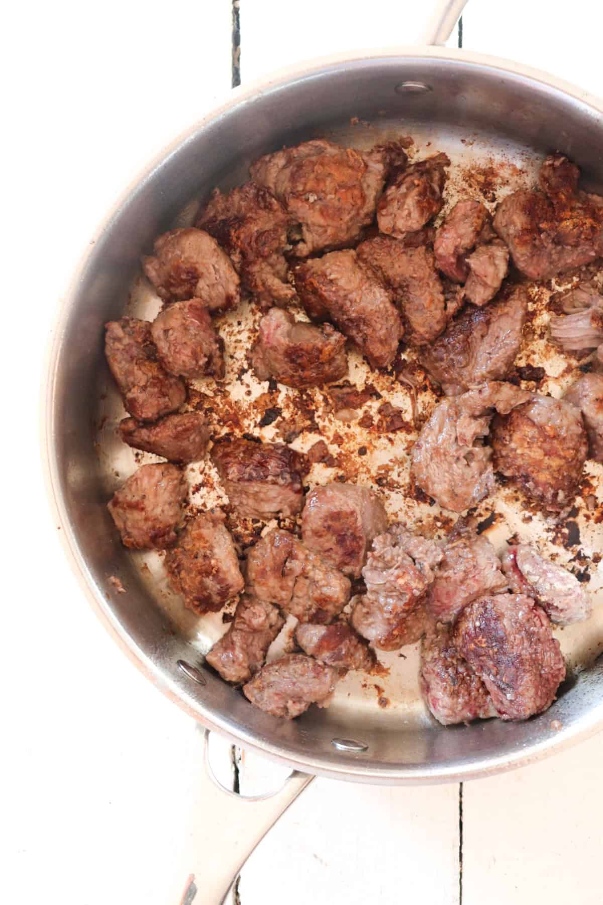 Beef tenderloin tips browned in pan.