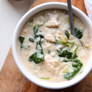 Finished bowl of chicken florentine soup.