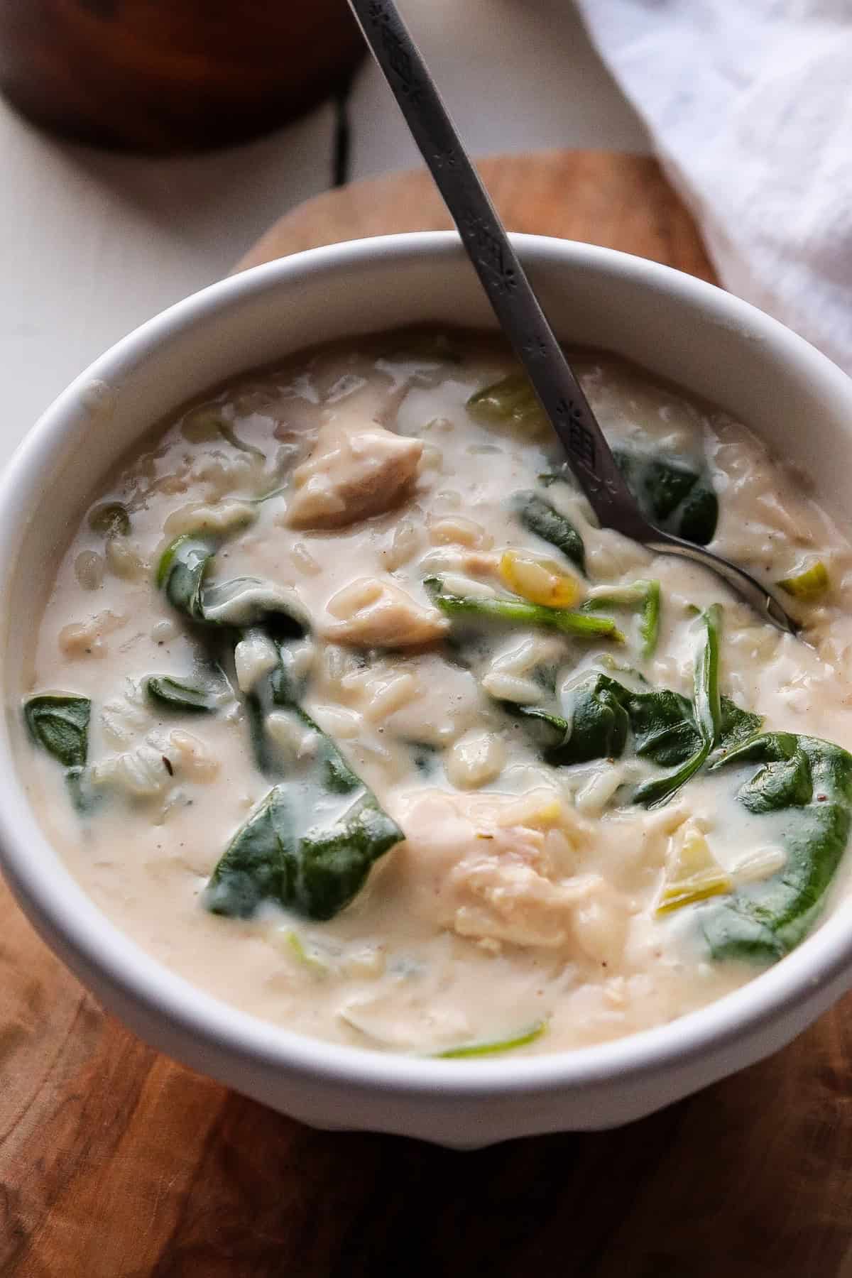 Featured bowl of chicken florentine soup.