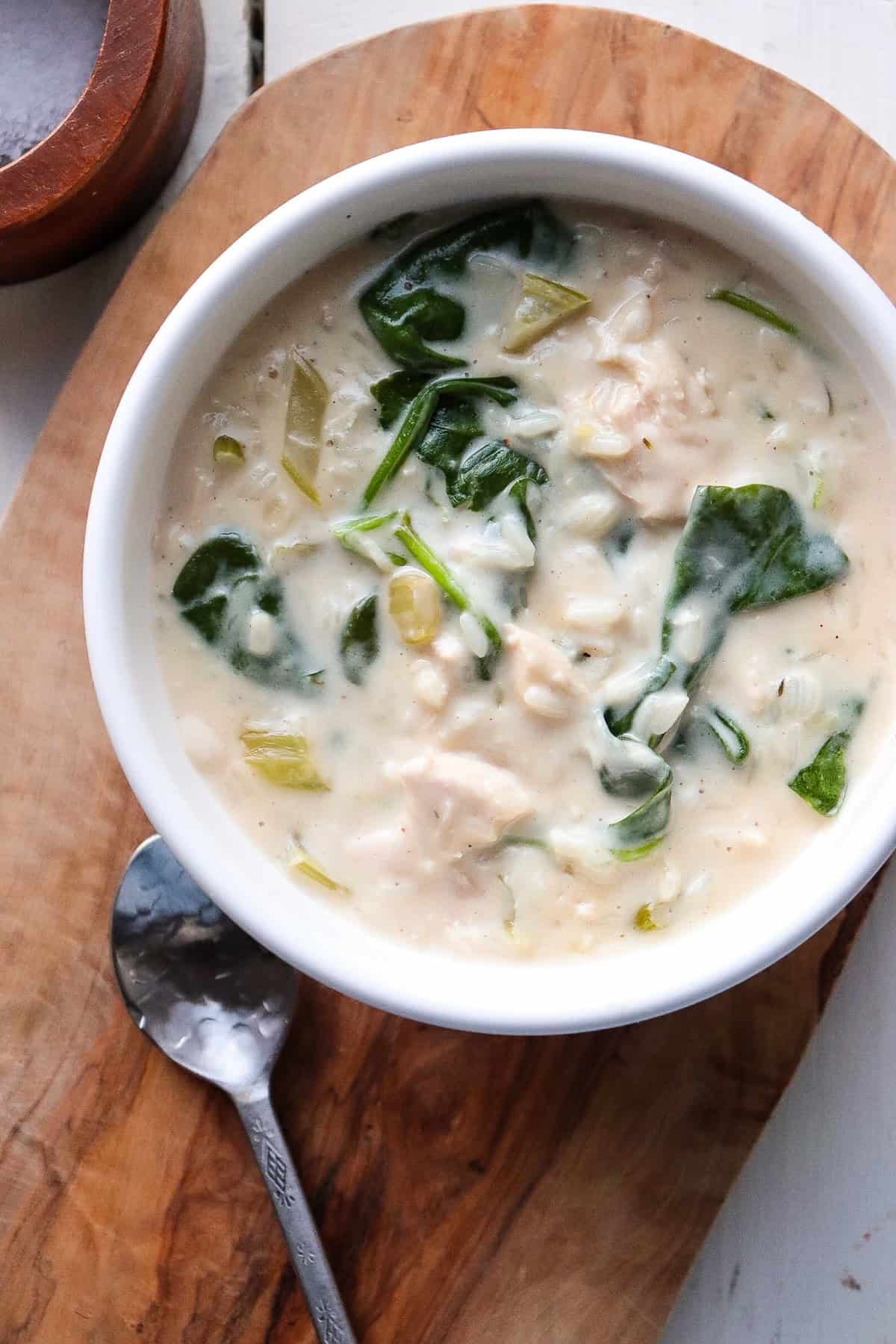 Bowl of chicken florentine soup. 